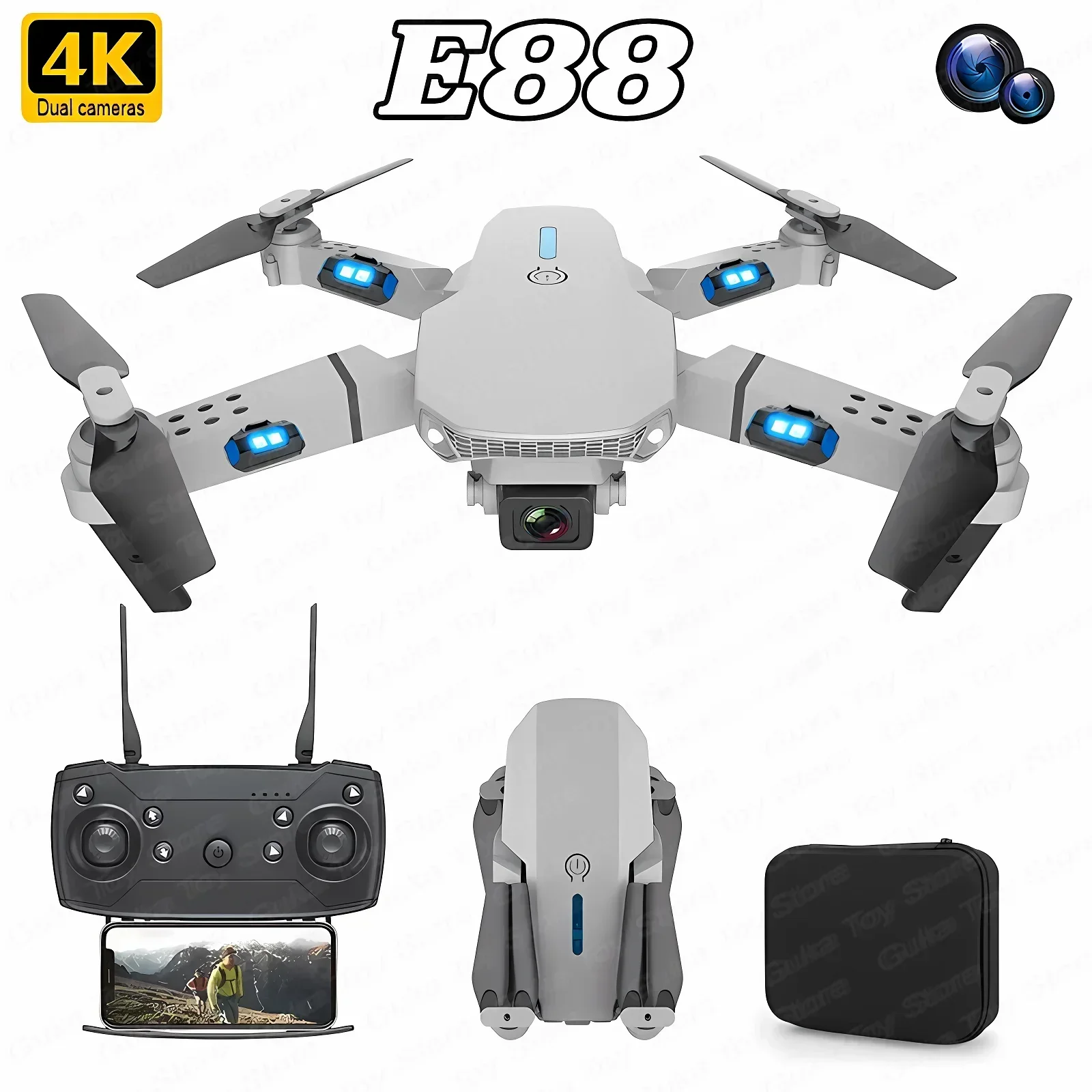 Drone E88Pro Rc 4K - 折りたたみ式クワッドコプター,e88プロ広角fpv,wifi,hd,4k,1080p,カメラ,高さ保持,rc,ヘリコプターのおもちゃ,男の子へのクリスマスプレゼント